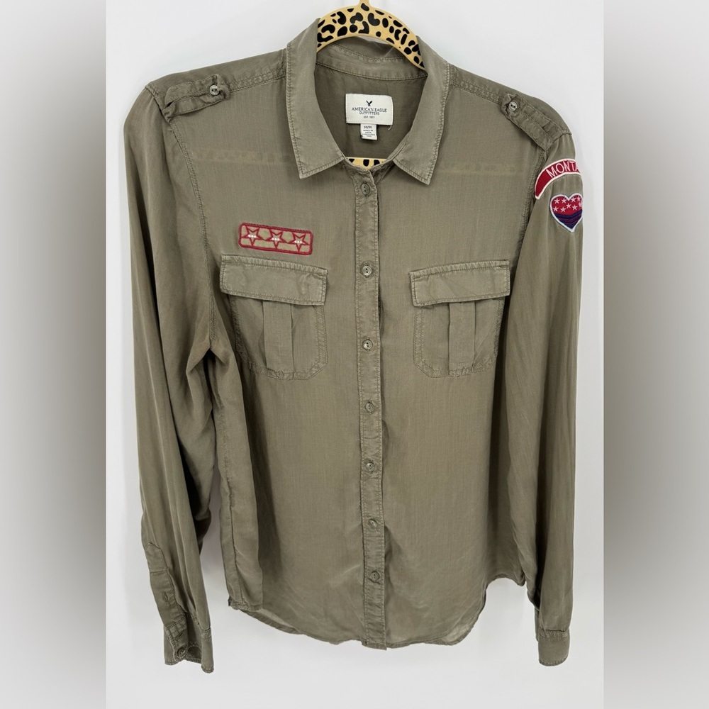 American Eagle Women's Army Button Up Long Sleeve Shirt